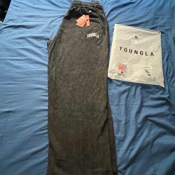 YoungLA Black Acid Wash Joggers with White Logo - Picture 2 of 4